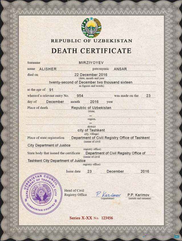 Download Uzbekistan death certificate Photoshop template